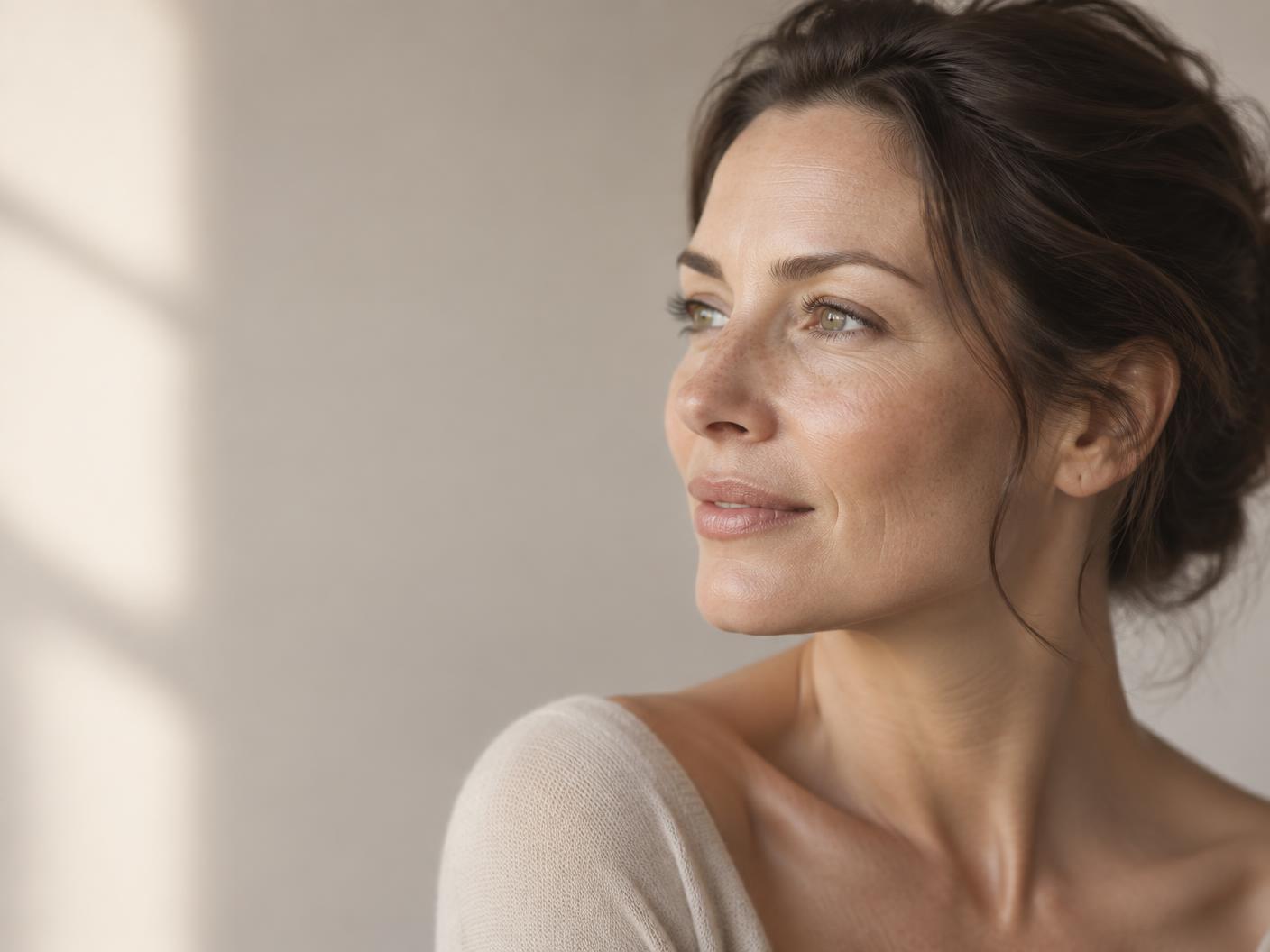 Woman with natural, healthy-looking skin in soft light